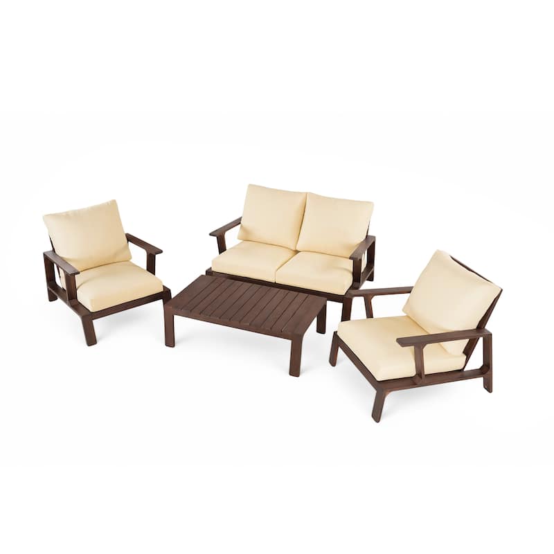 Scott Living Doris 4 Piece Outdoor Slat Design Acacia Wood Upholstered Seating Set