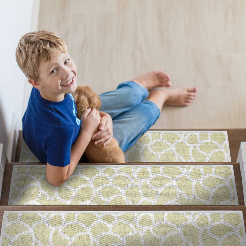 SussexHome Stone Design 9" X 28" Stair Treads - 70% Cotton Anti-Slip Carpet Strips for Indoor Stairs-with Double Adhesive Tape - 4 PACK - Banana Cream Yellow