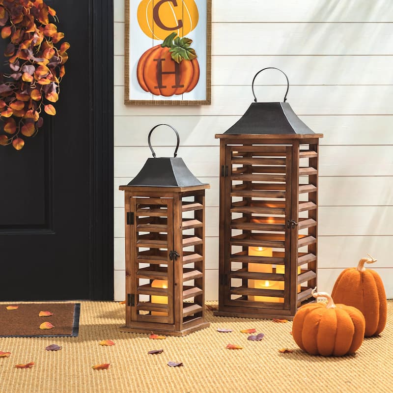 Glitzhome Set of 2 Modern Wooden Shutter Floor Candle Lanterns Fall Thanksgiving Decor - Natural