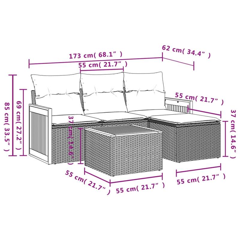 vidaXL 5 Piece Patio Sofa Set with Cushions Gray Poly Rattan - 66.6x27.2x45.0