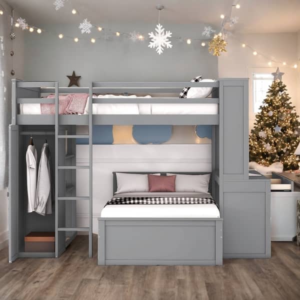 slide 2 of 14, Modern Full size Loft Bed With Twin Size Stand-alone Bed,Shelves,Desk And Wardrobe,Versatile Use