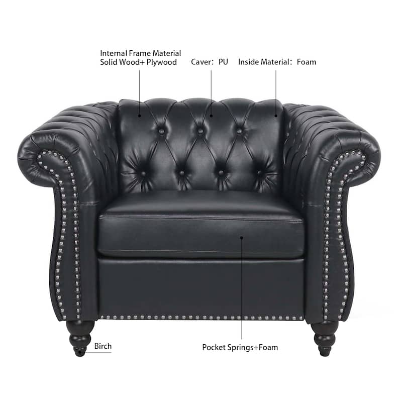 Black PU 38.98" Buttons Tufted Accent Chair with Birch Legs
