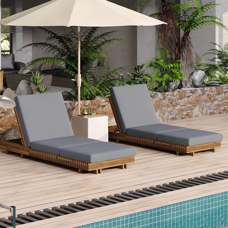 Patio Outdoor Acacia Wood Sun Tanning Chaise Lounger with Cushions Breathable Recliners Garden Poolside Adjustable Lounge Chairs - Triple Fold Dark Grey - 2pc