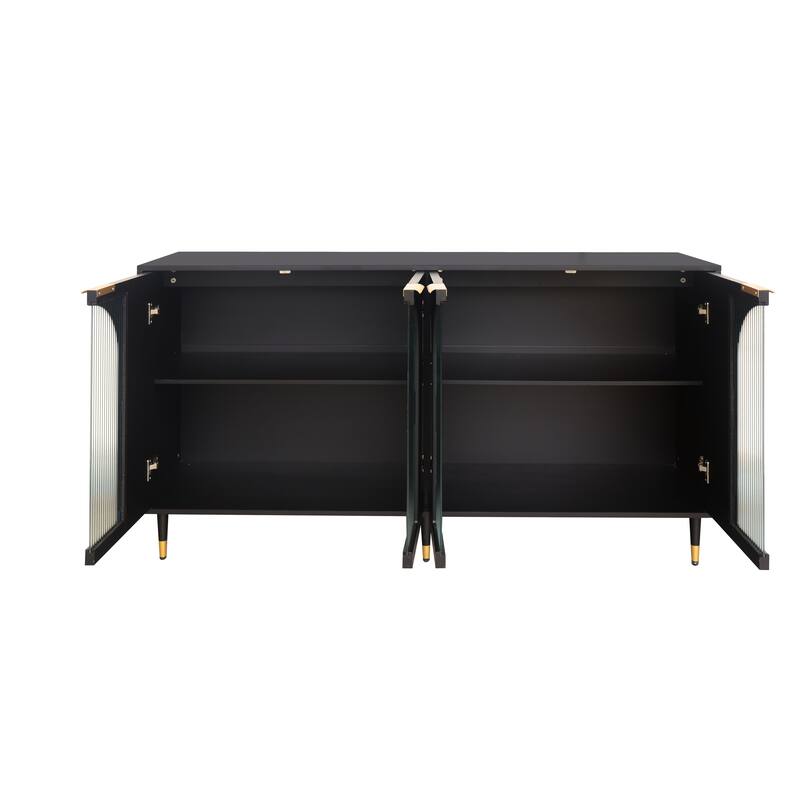 Black Sideboard Buffet Server Cabinet TV Console Table w/ 4 Glass Doors, Hallway Cabinet Adjustable Shelf Accent Storage Cabinet