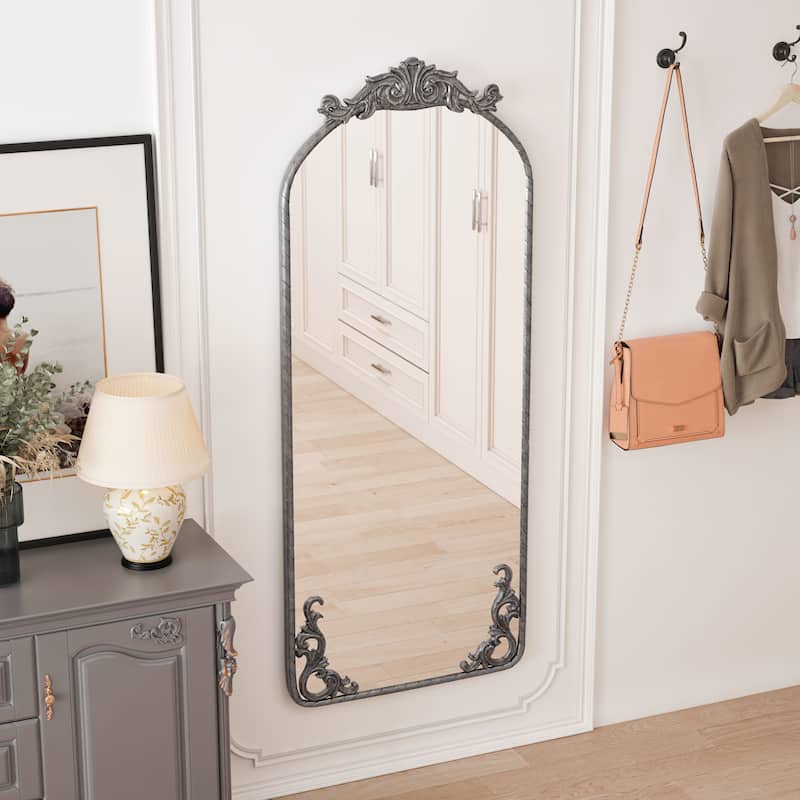 58"x24" Arched Full Body Mirror with Vintage Ornate Carved Applique on Top and Bottom, Hanging Wall Mounted Mirror,