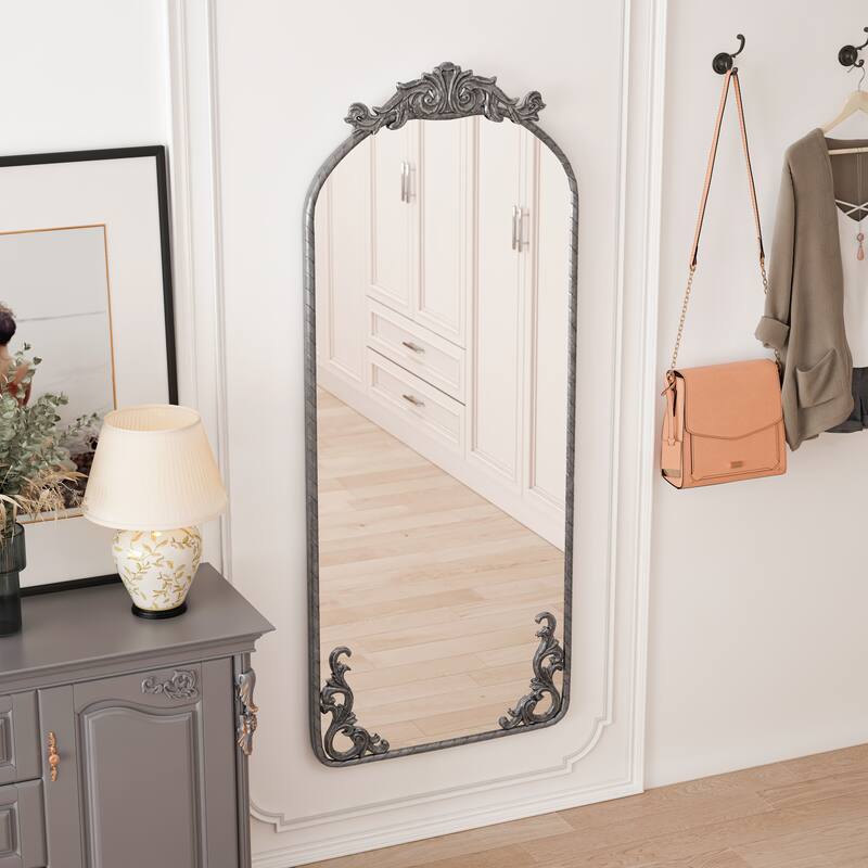 58"x24" Arched Full Body Mirror with Vintage Ornate Carved Applique on Top and Bottom, Hanging Wall Mounted Mirror