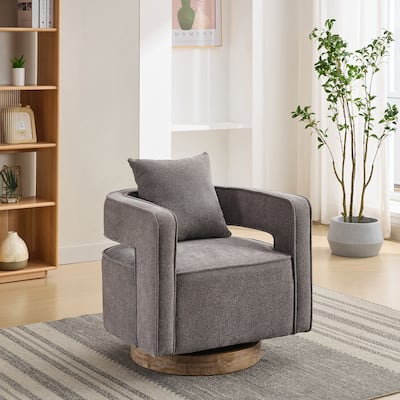 Charcoal Modern 29.13" Swivel Open Back Accent Chair With Weathered Finishing Rubber Wood Base and Pillow