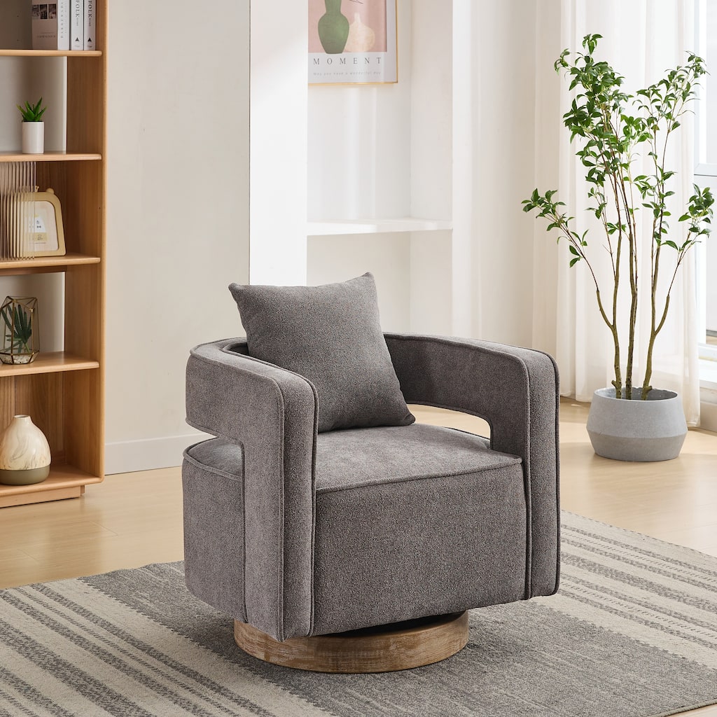 Charcoal Modern 29.13" Swivel Open Back Accent Chair With Weathered Finishing Rubber Wood Base and Pillow