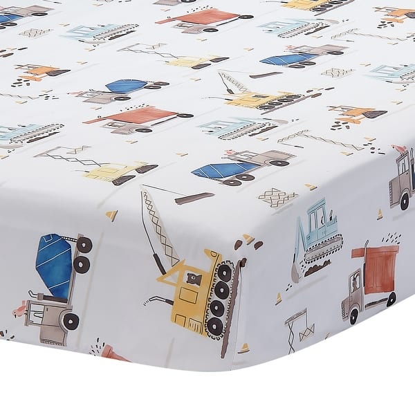 slide 2 of 5, Bedtime Originals Construction Zone Baby Fitted Crib/Toddler Sheet- White/Trucks - Crib