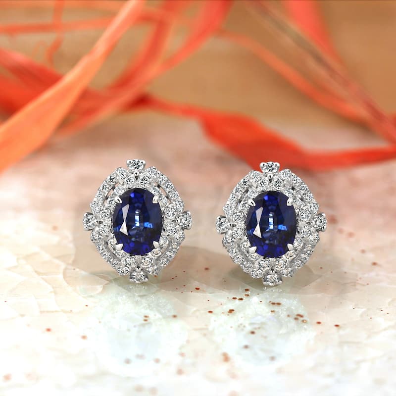 Auriya 18k White Gold 3 1/5ct Blue Sapphire and 5/8ct Diamond Halo Earrings