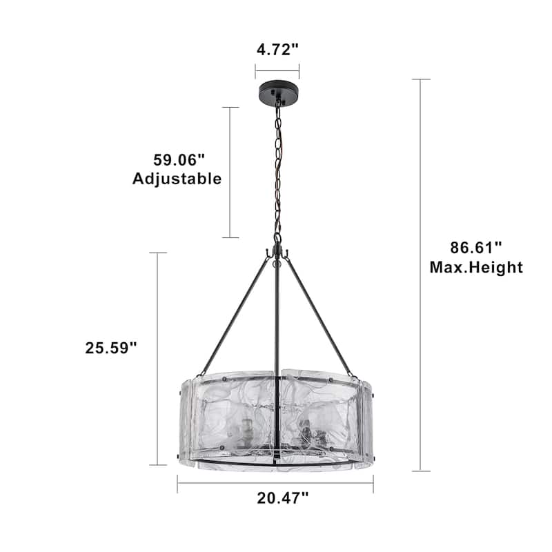 Modern 5-Light 20.5" Lantern Drum Chandelier Water Ripple Glass Pendant for Dining Room