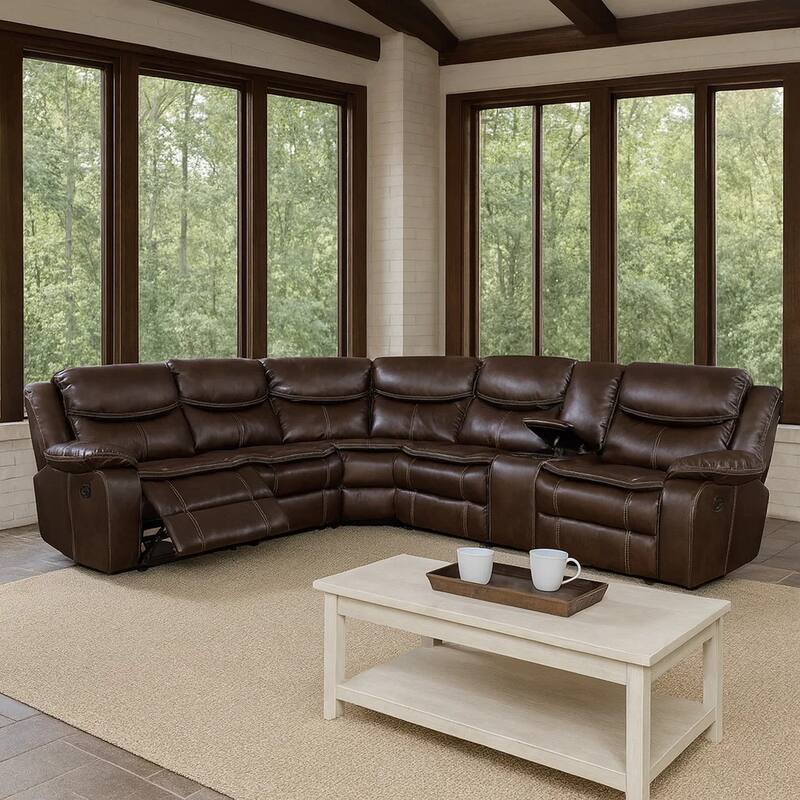 Leatherette Reclining Sectional with Double Stitching Details, Brown
