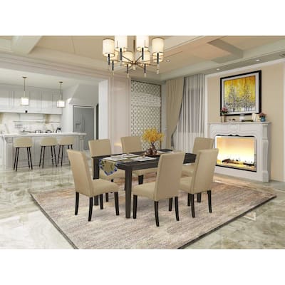 HomeStock 7-Piece Rectangle Cappuccino Finish Solid Wood Top Dining Table with 6 Parson-Chairs with Lattice Back