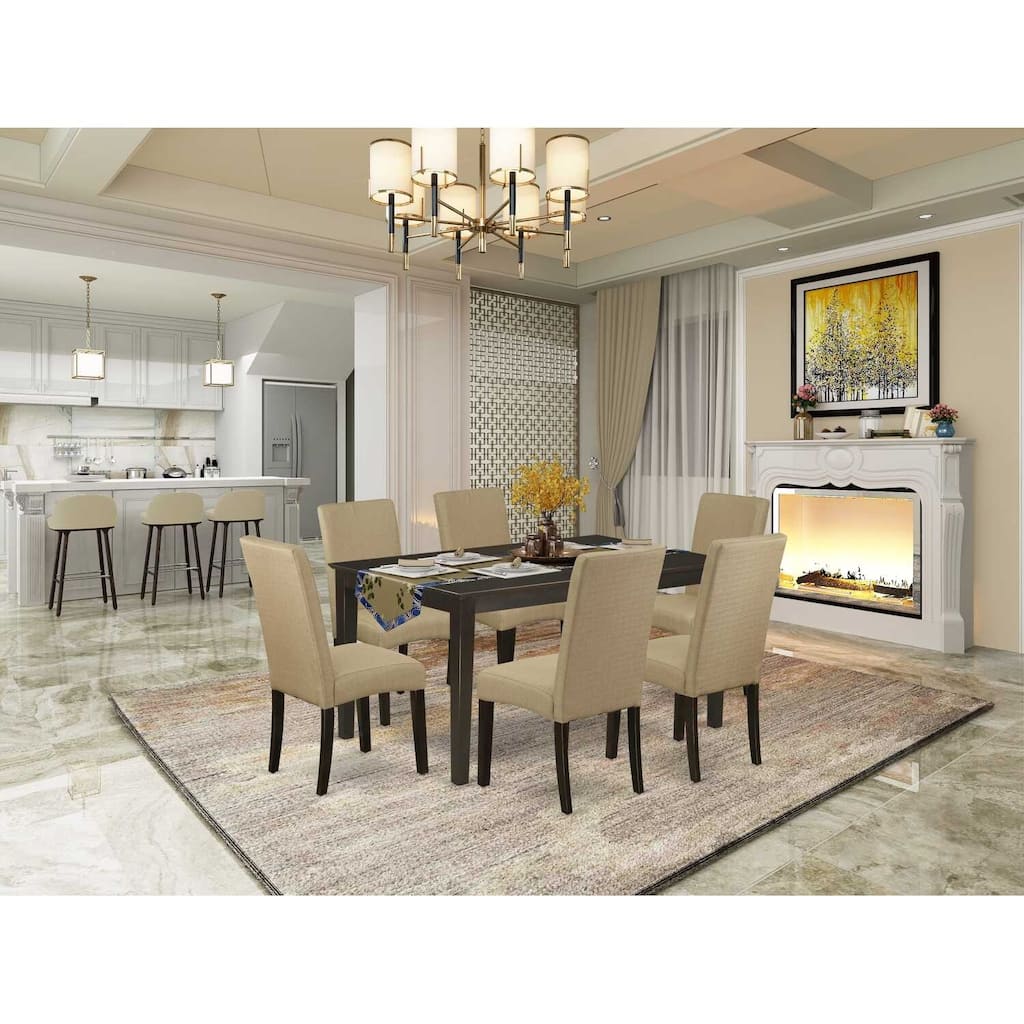 HomeStock 7-Piece Rectangle Cappuccino Finish Solid Wood Top Dining Table with 6 Parson-Chairs with Lattice Back