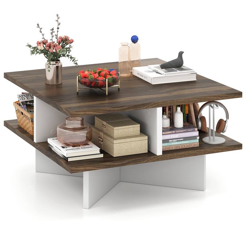 Gymax 2-Tier Square Coffee Table w/ Storage Farmhouse Modern Accent