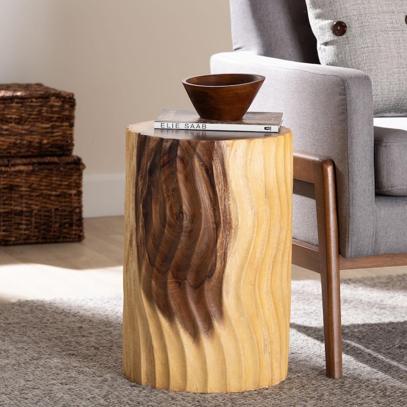 Fuchsia Hand-carved Suar Wood Side Table - Sculptural Accent Table with Wave Design, Boho Style for Living Room or Bedroom