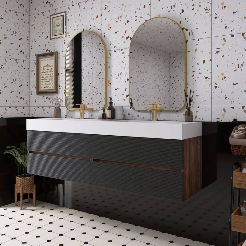 Wall Mounted Bathroom Vanity with Solid Surface Sink and Soft Drawers