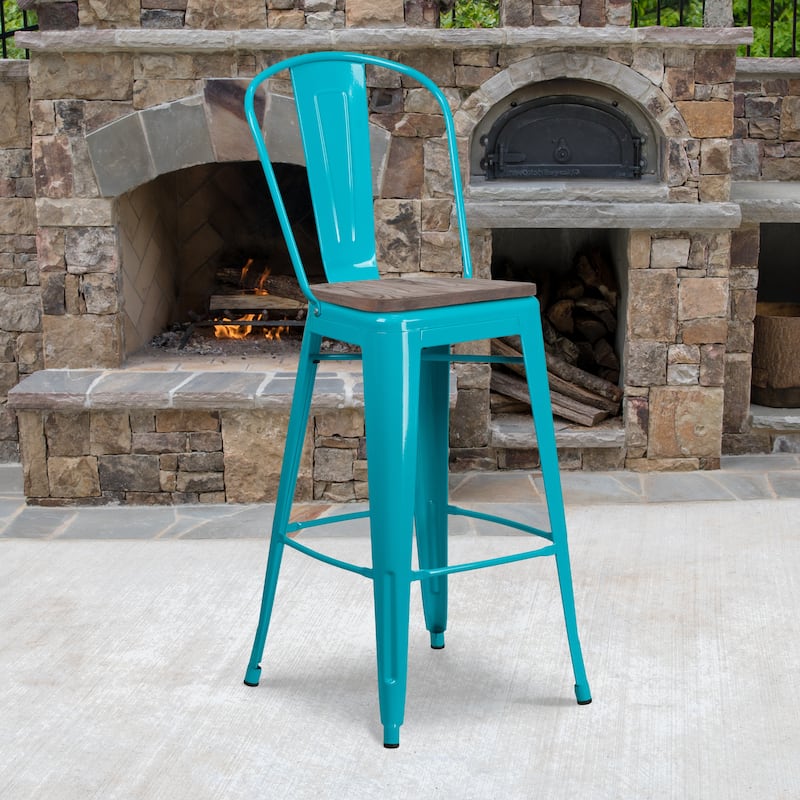 30" High Metal Barstool with Back and Wood Seat - 18"W x 19"D x 46"H - 18"W x 19"D x 46"H