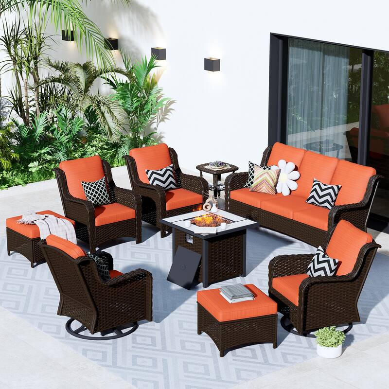 OVIOS 9-piece Patio Wicker Swivel Chair Set With 30" Fire Pit - Red/Orange-Brown Wicker