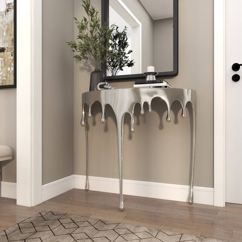 Aluminum Metal Accent, Console, and Coffee Table Collection with Drip Melting Design and Smoke Shaded Glass Top Multiple Colors