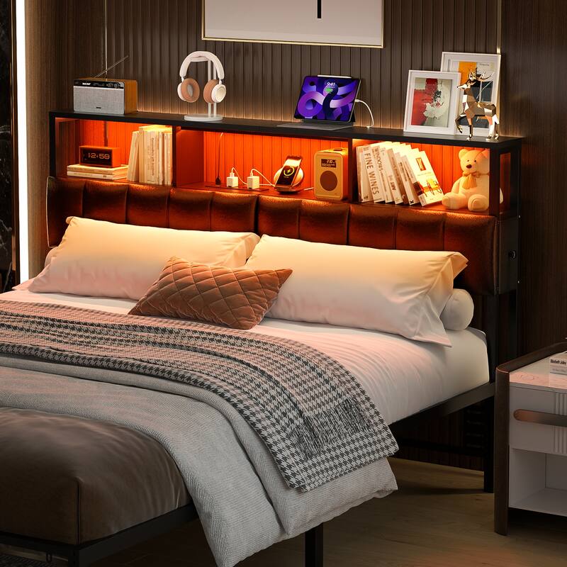 Upholstered Headboard with Hidden Drawer, Head Board with Power Outlet and LED Light