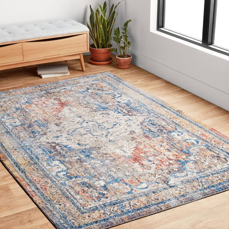 Alexander Home Adrian Distressed Traditional Border Area Rug - 9'6" x 13'3" - Multi/ Stone - Rectangle