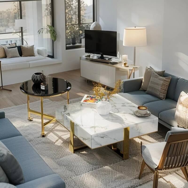 Modern Luxury Square Faux Marble Coffee Table Set Nesting Coffee Table with End Table