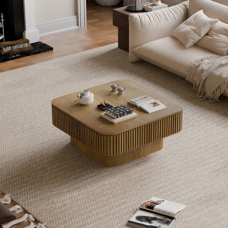 31.5" Square Coffee Table with Storage, Modern Solid Wood Veneer Accent Table