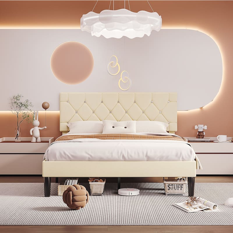 Javlergo Upholstered Beds With Diamond Tufted Headboard, Platform Bed Frame,