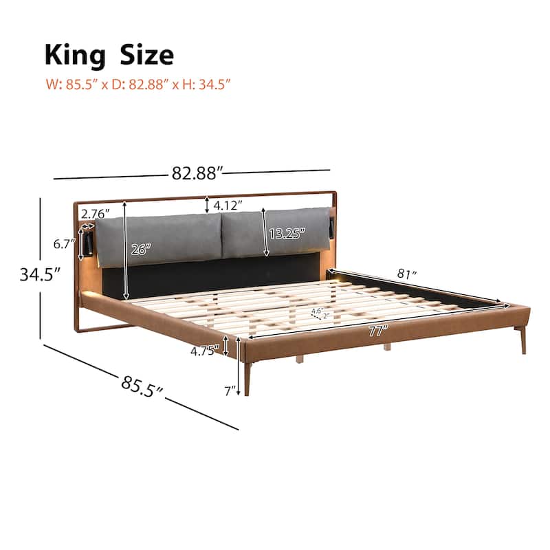 Brown&Gray Leather King Bed with 2pcs Night Lights