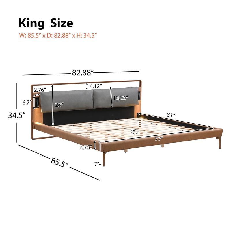 King Size Leather Bed with LED Night Lights and Ergonomic Headboard
