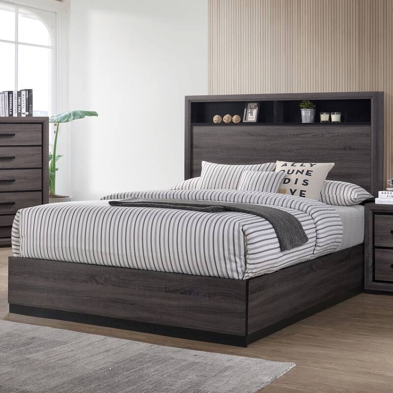 Furniture of America Rothwell Grey Wood Bed with Bookcase Headboard - Queen
