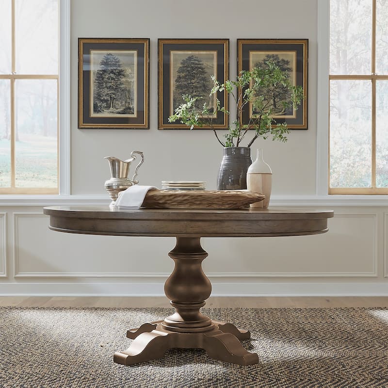 Americana Farmhouse Pedestal Table for Dining Room Oak Wood Top - Dusty Taupe