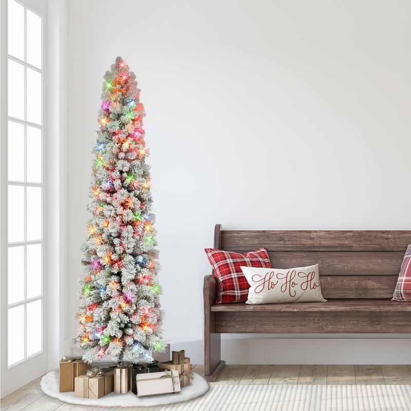 Puleo International 6.5 ft. Pre-lit Flocked Portland Pine Pencil Artificial Christmas Tree