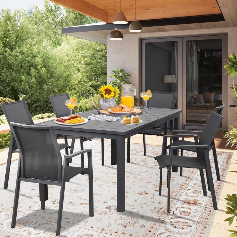 Aluminum Patio Dining set with 6 Chairs and Extendable Outdoor Dining Table - Grey