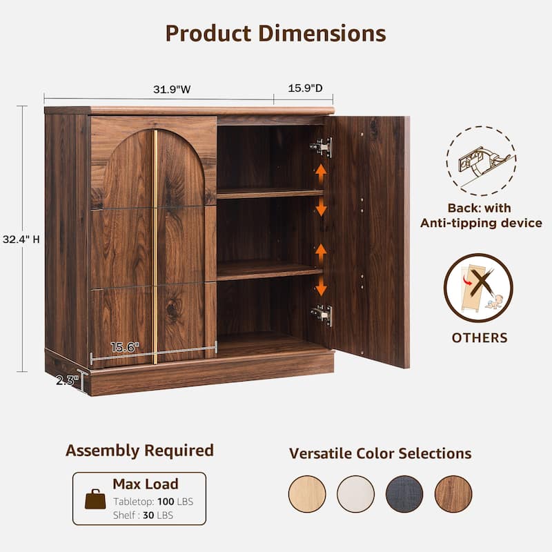 Buffet Cabinet with Arched Doors, Wood Sideboard with Adjustable Shelf