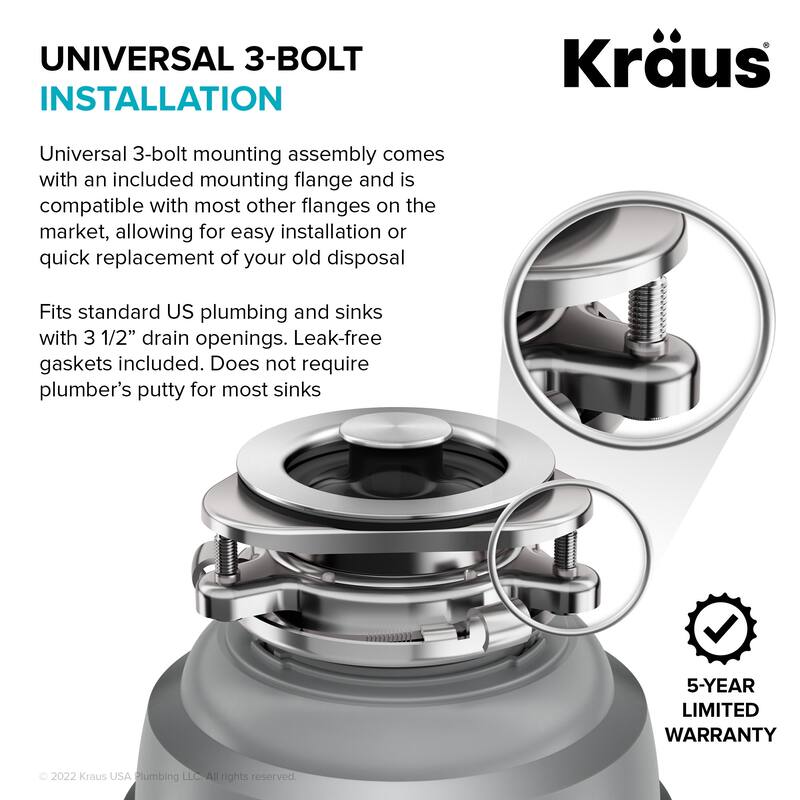 Kraus KWD210-75 3/4 HP Continuous Feed Garbage Disposal with Power