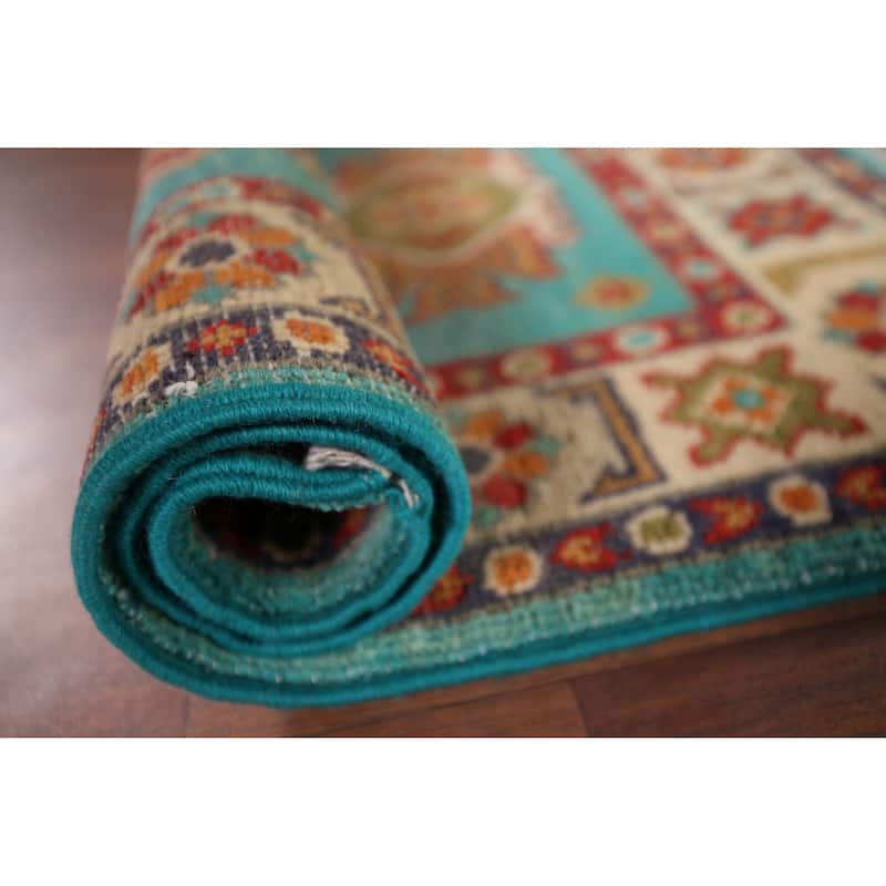Turquoise Kazak Foyer Rug Hand-Knotted Wool Carpet - 2'0" x 3'0"