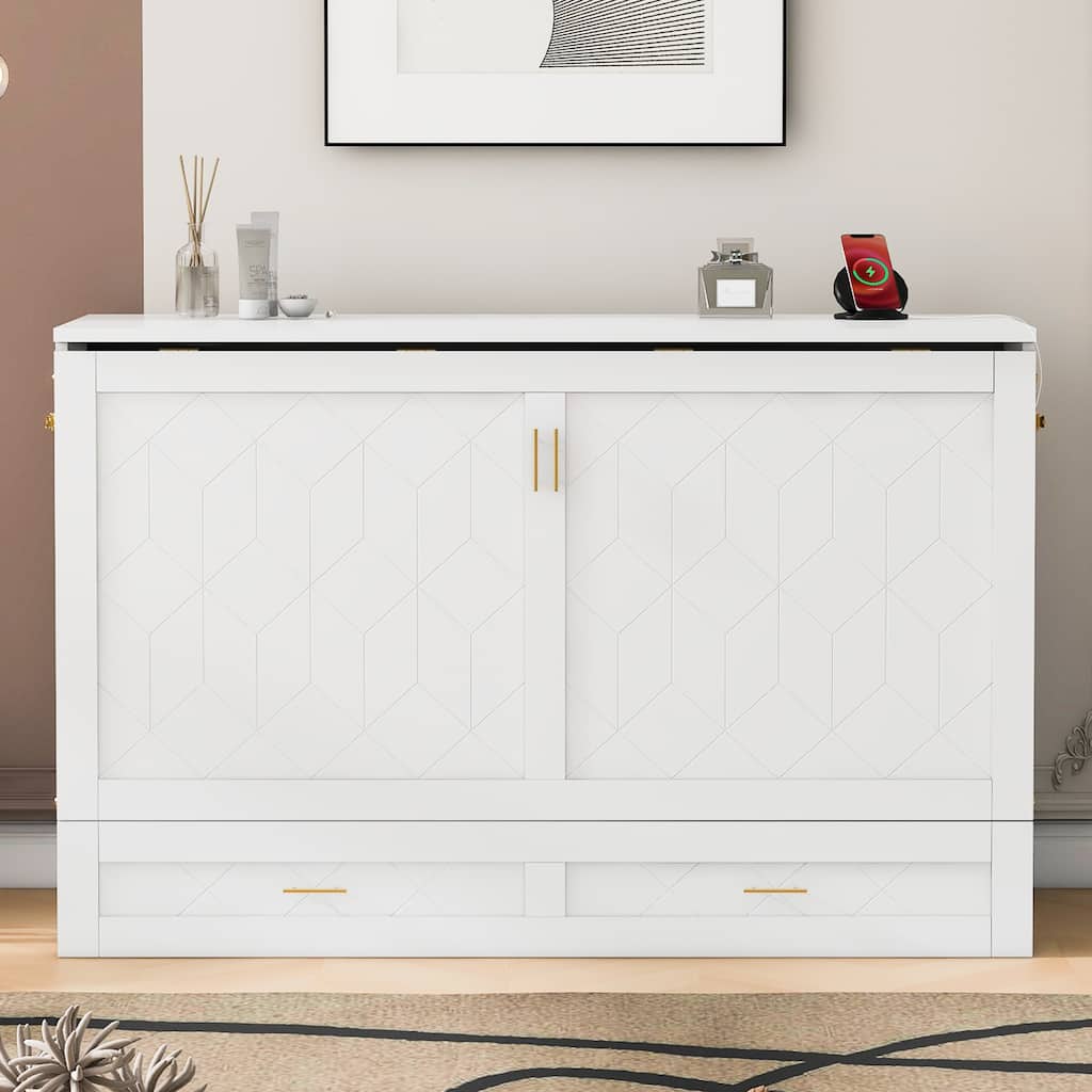 Queen Size Murphy Bed with Pulley Design, Drawer, USB Ports