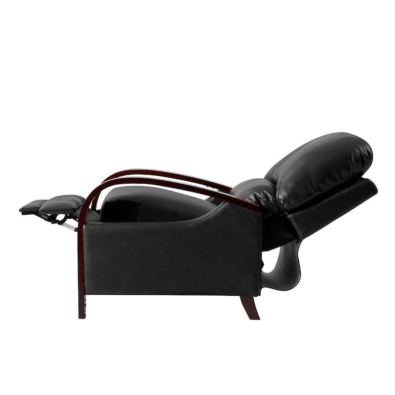 Alex Mid-century Modern Genuine Leather Manual Recliner with Wooden Curved Arms