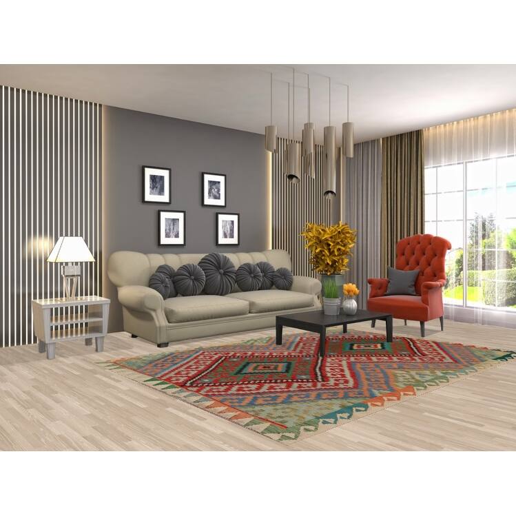 Hand Woven Oriental 100% Wool Carpet Southwestern Geometric Multi-Colored Kilim Area Rug - 8' 2'' X 6' 0''