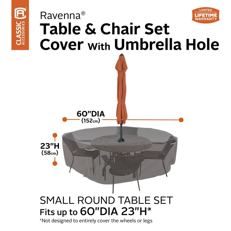 Classic Accessories Ravenna Water-Resistant 60 Inch Round Patio Table & Chair Set Cover with Umbrella Hole
