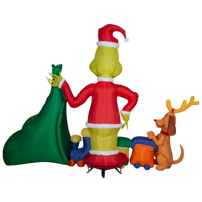 Gemmy Christmas Airblown Inflatable Grinch Putting Train in Santa Sack Scene Dr. Seuss, 6.5 ft Tall