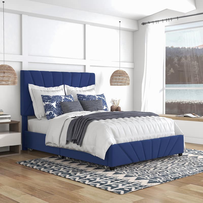 Rhiv Art Deco Upholstered 4-drawer Storage Bed by Furniture of America - Navy - Full