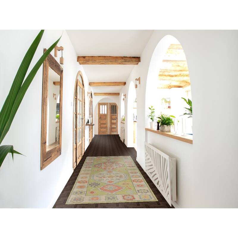 Hand Knotted Oriental 100% Wool Carpet Transitional Geometric Green Oushak Runner Rug - 8' 3'' X 3' 1''