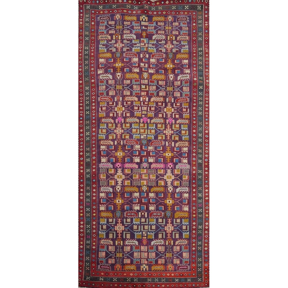 Hand Knotted Oriental 100% Wool Carpet Traditional Geometric Purples Tabriz Runner Rug - 9' 4'' X 4' 1''