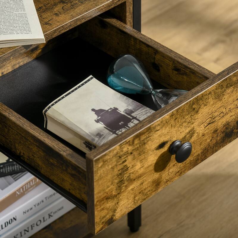 HOMCOM Industrial Side Table with Storage Shelf, Accent Table with Drawer for Living Room, or Bedroom, Rustic Brown