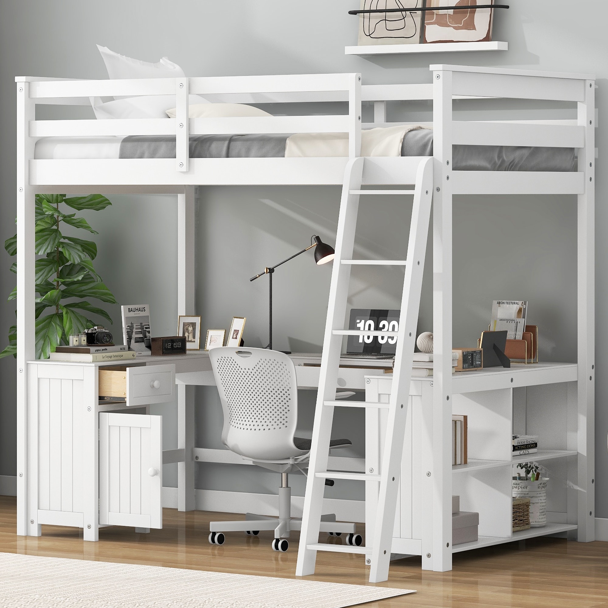 Full Size Loft kids Bed Frame with U-Shaped Desk, Storage Shelves, Cabinet & 2-Drawers, Safety Guardrails for Bedroom, White