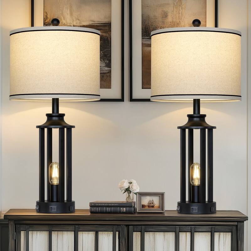 27.5'' Black Industrial Table Lamp with USB-C & AC Outlet, Dual Lighting, Metal Frame(Set of 2) - 12.5''x 12.5'' x 27.5''