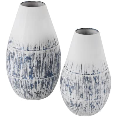 Metal Brushed Decorative Vase with White Background - Set of 2 Blue - Roche River Decor